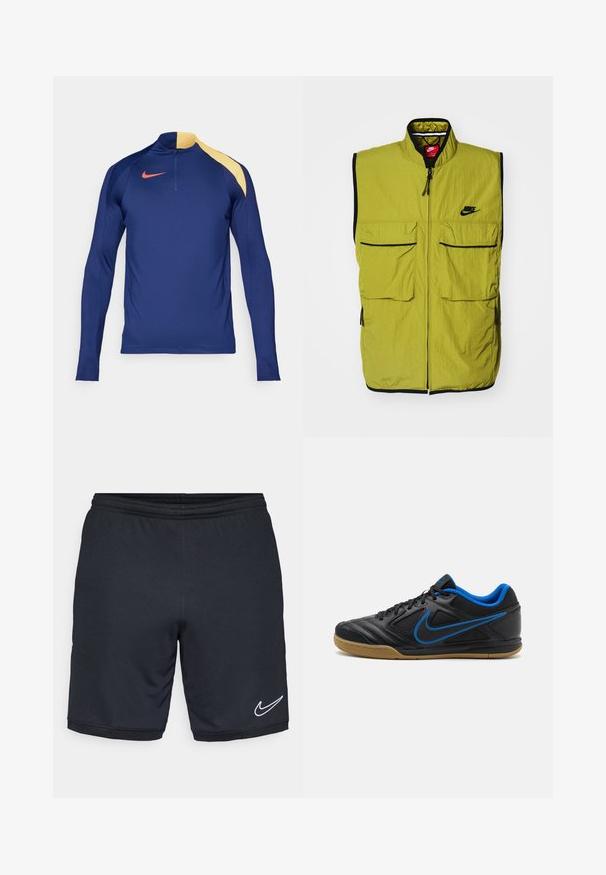 Zelená bezrúšková vesta so svetlými prednými vreckami, zipsom a čiernymi detailami; na hrudi sa nachádza logo Nike. Textúrovaná látka.; Námornícky modrý športový top s dlhým rukávom, žltým akcentom na pleci, polovičným zipom na golieri a červeným logom Nike swoosh na hrudi.; Čierne športové šortky vyrobené z hladkej, ľahkej textílie, s elastickým pásom a s bielym logom Nike v blízkosti lemu.; Čierna športová obuv s modrými akcentmi, textúrovaný syntetický zvršok, šnúrková uzávierka a gumená podrážka. Obsahuje výrazný detail loga na boku.