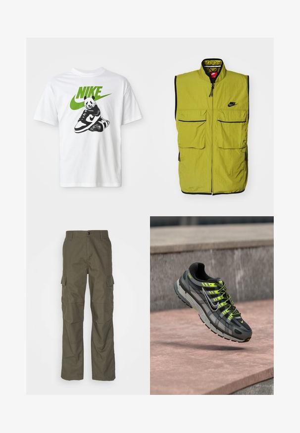 Zelená bezrúšková vesta so svetlými prednými vreckami, zipsom a čiernymi detailami; na hrudi sa nachádza logo Nike. Textúrovaná látka.; Biela bavlnená tričko s čierno-bielou grafikou pandy, ktorá drží tenisku Nike, s zeleným logom Nike hore.; Olivové cargo nohavice s rovnýcm strihom, vyrobené z textúrovanej látky. Obsahujú veľké bočné vrecká a zapínanie na gombík.; Čierno-sivá teniska Nike P-6000 s neónovo žltými detailmi a šnúrkami, ktorá visí nad ružovým betónovým povrchom.