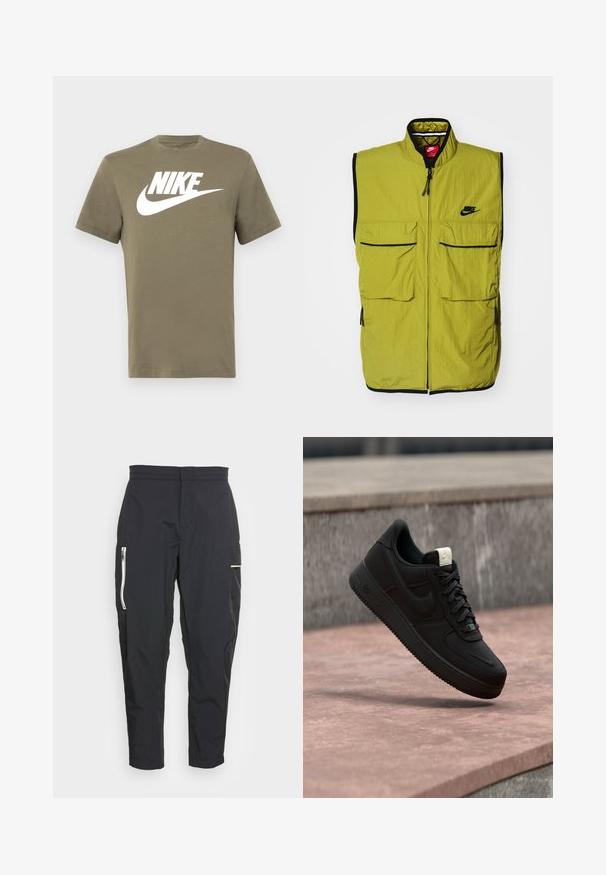 Chaleco verde sin mangas con dos bolsillos frontales de parche, cierre de cremallera y ribete negro; presenta el logo de Nike en el pecho. Tejido texturizado.; Camiseta de manga corta verde oliva hecha de algodón, con un logo de Nike blanco y el característico swoosh impreso en el frente. Diseño simple con cuello redondo.; Pantalones cargo negros hechos de una tela ligera. Sus características incluyen bolsillos laterales con cremallera y un acento texturizado en el muslo. Ajuste entallado.; Zapatilla negra Nike Air Force 1 flotando sobre un borde de hormigón rosa con fondo de piedra gris, mostrando detalles laterales y superiores.