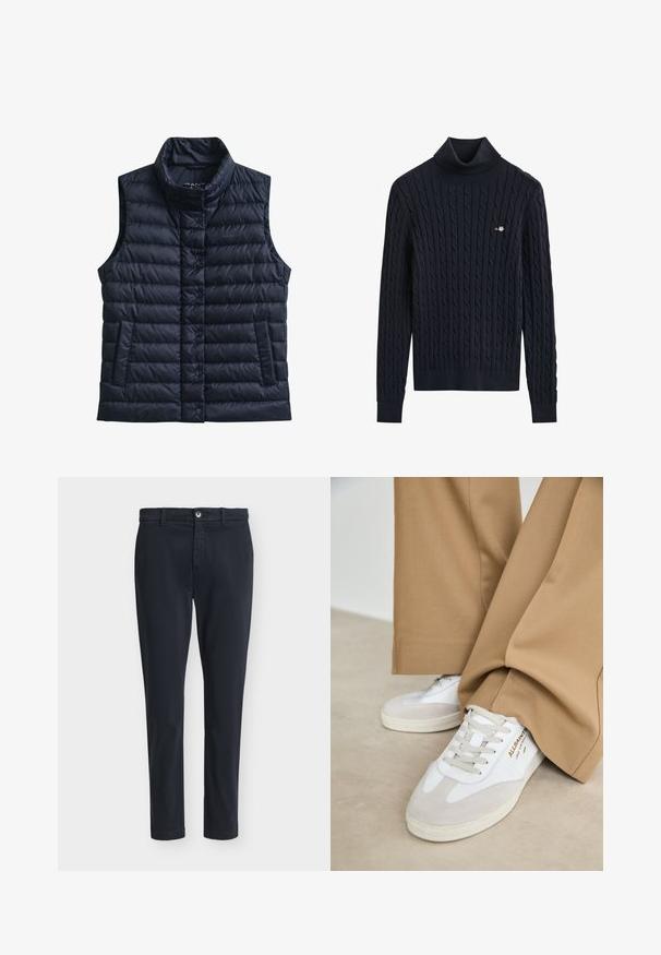 Chaleco acolchado negro sin mangas, con cuello alto, botones de presión delanteros y dos bolsillos delanteros.; Jersey de cuello vuelto de punto de cable negro con mangas largas y pequeño logo bordado en el pecho izquierdo.; Pantalones casual ajustados de hombre en azul marino oscuro con cierre de botón y trabillas para cinturón, exhibidos sobre un fondo liso gris claro.; Zapatillas blancas con detalles de ante, cordones texturizados y suela de goma. Combinadas con un pantalón suelto en tono marrón claro. Logo exhibido en el lateral.