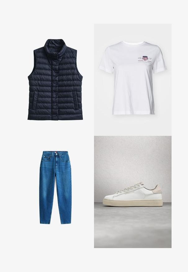 Sort quiltet uden ærmer dynevest med høj krave, forreste trykknapper og to forlommer.; Hvid bomulds t-shirt med korte ærmer, rund hals og et rødt og blåt broderet logo på venstre side. Glat tekstur, afslappet pasform.; Blå denim jeans med lige ben-design, fem lommer, knap- og lynlåslukning samt let falmning for teksturvariation.; Hvide lædersneakers med en glat overflade, beige ruskindsdetaljer, rund tå, flad snørebåndsdesign og en struktureret gummisål.