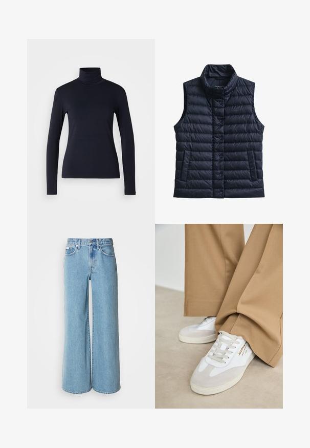 Veste sans manches matelassée noire avec col montant, boutons-pression à l'avant et deux poches avant.; Haut à col roulé bleu marine à manches longues. Fabriqué en tissu doux avec une texture lisse. Présente un design ajusté et un col haut sans coutures visibles.; Jean large bleu clair en denim, avec une taille haute, un design à cinq poches et un léger dégradé sur le tissu.; Baskets blanches avec des accents en daim, des lacets texturés et une semelle en caoutchouc. Associées à un pantalon beige ample. Logo affiché sur le côté.
