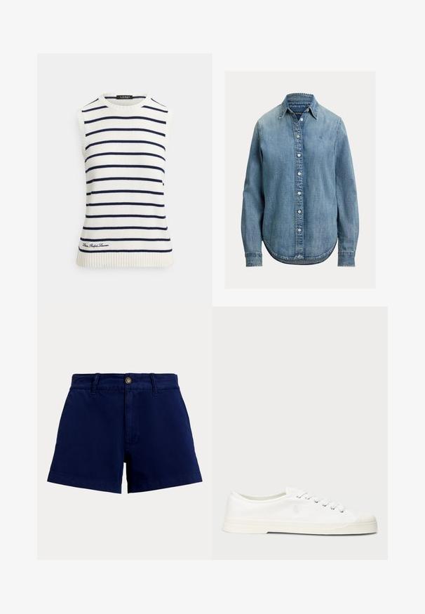 Jersey sin mangas en color crema con rayas horizontales en azul marino. Cuenta con un cuello y dobladillo acanalados, con una marca bordada en la parte inferior.; Camisa de mezclilla azul claro con mangas largas, cierre de botones en el frente y cuello clásico. Presenta un dobladillo curvado y una textura sutil.; Pantalones cortos azul marino de cintura alta con trabillas para cinturón, cierre de botón y cremallera frontal, mostrados sobre un fondo claro y liso.; Zapatilla de lona blanca con puntera redonda, cierre de cordones y un discreto detalle de logo. Presenta una tela texturizada y suela de goma.