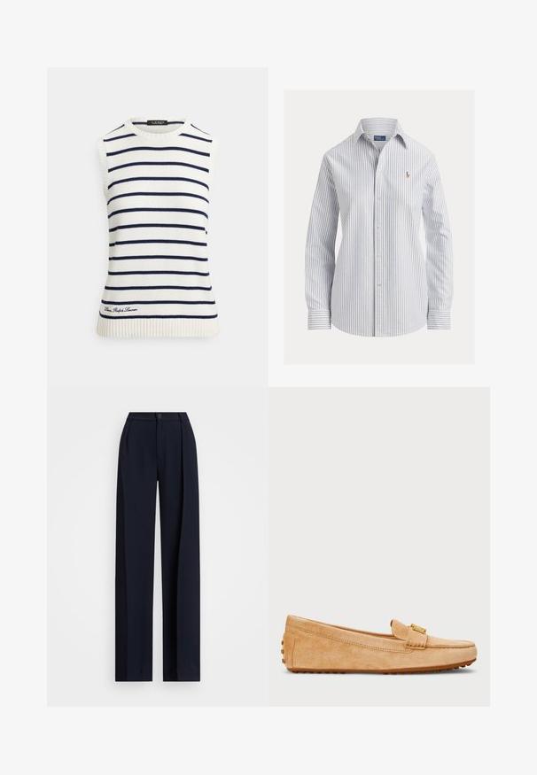 Pull sans manches crème avec des rayures horizontales bleu marine. Comprend un col et un ourlet côtelés, avec un logo brodé en bas.; Chemise blanche à boutons avec fines rayures verticales bleues, manches longues, col pointu et petit logo brodé sur la poitrine.; Pantalons larges bleu marine avec plis, fermeture par bouton et texture de tissu lisse. Conçus pour un ajustement ample et confortable.; Mocassins en daim tan avec un bout arrondi, dotés d'une sangle accent en ton or et d'une semelle extérieure en caoutchouc à picots pour une traction. Texture lisse.