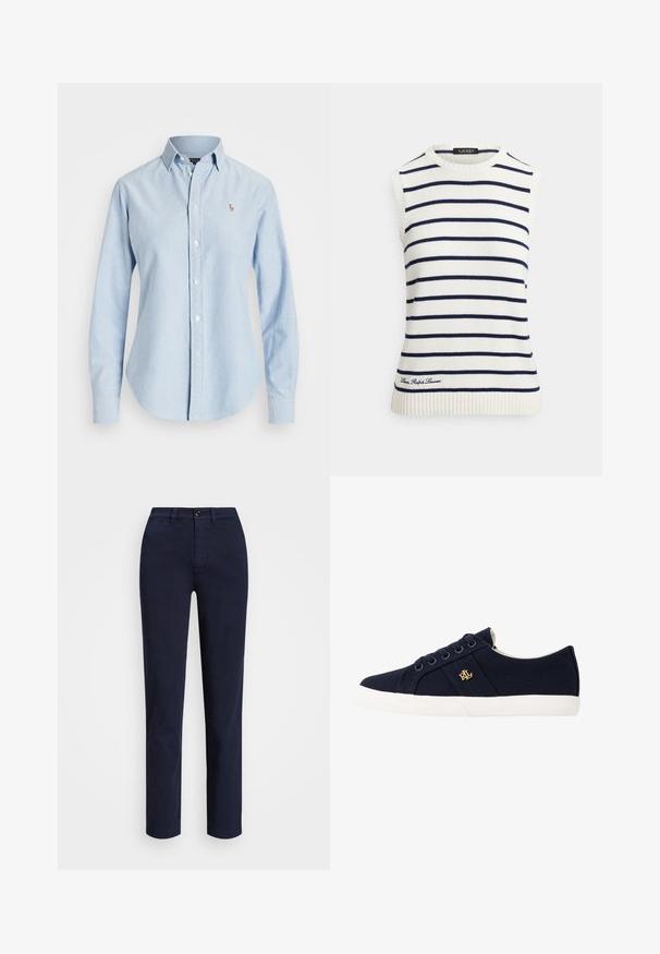 Pull sans manches crème avec des rayures horizontales bleu marine. Comprend un col et un ourlet côtelés, avec un logo brodé en bas.; Chemise bleu clair à manches longues boutonnée avec col et petit logo brodé sur la poitrine gauche.; Lauren Ralph Lauren SLIM FIT STRETCH CHINO PANT - Chino - navy; Lauren Ralph Lauren JANSON II CANVAS SNEAKER - Baskets basses - navy