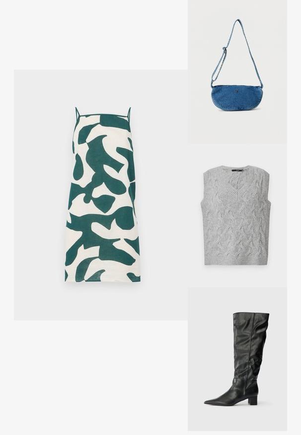 Gilet en tricot gris avec un col en V et sans manches. Présente un motif en câble texturé et des bords côtelés. Le matériau semble doux et confortable.; Robe à bretelles spaghetti en crème avec un motif camouflage abstrait vert. Présente une coupe droite et un tissu léger.; Bottes noires en cuir jusqu'au genou avec un bout pointu, un tige décontractée et un talon carré. Texture lisse avec peu de coutures visibles.; Sac bandoulière en jean bleu avec sangle ajustable et petit logo métallique sur le devant, présenté sur fond blanc.