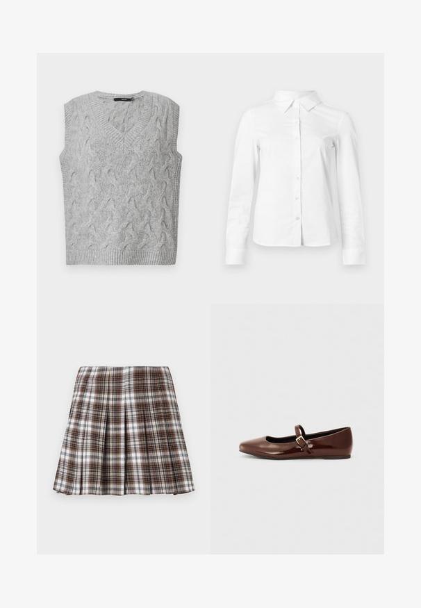 Grijze gebreide vest met een V-hals en zonder mouwen. Heeft een getextureerd kabelpatroon en ribgebreide randen. Het materiaal lijkt zacht en gezellig.; Witte blouse met lange mouwen en knopen, met puntige kraag, rechte zoom en aansluitende silhouet, weergegeven op een effen lichte achtergrond.; Bruine en witte geplooide rok met een gestructureerd ontwerp en een frisse textuur, met een hoge taille en meerdere verticale plooien.; Bruine gepatineerde leren balletschoen met een vierkante neus en een bandje met een kleine gouden gesp. Gladde textuur, lage hak en minimalistisch ontwerp.