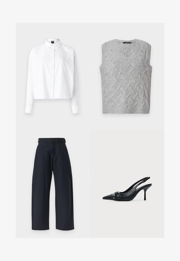 Gilet en tricot gris avec un col en V et sans manches. Présente un motif en câble texturé et des bords côtelés. Le matériau semble doux et confortable.; Chemise blanche en coton coupée au niveau du ventre avec un col classique, des manches longues et un tissu en coton doux. Présente une fermeture à boutons sur le devant et des manches à revers.; Pantalon noir à jambes larges avec passants pour ceinture et poches latérales, présenté à plat sur un fond blanc.; Escarpin slingback à talon haut en cuir noir avec bout pointu, boucle et détail de bride œillet à l'avant.