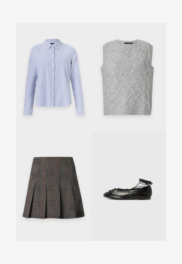Gilet en tricot gris avec un col en V et sans manches. Présente un motif en câble texturé et des bords côtelés. Le matériau semble doux et confortable.; Chemise à manches longues boutonnée, avec des rayures verticales blanches et bleu clair et un col pointu, présentée sur un fond uni.; Jupe à carreaux gris avec des plis, ornée de motifs complexes en noir et blanc, accentuée par de fines lignes rouges. Fabriquée dans un tissu structuré.; Ballerines en cuir verni noir avec un bout rond, un design à lacets et une semelle plate. Texture lisse avec peu de détails.