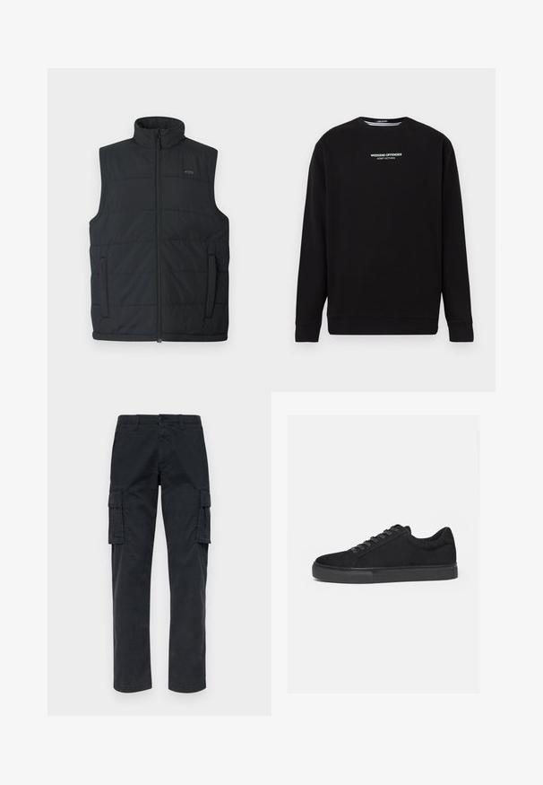 Gilet en duvet noir avec col haut, fermeture éclair à l'avant et poches latérales. Il présente une texture matelassée et un logo discret sur la poitrine.; Sweat-shirt noir à manches longues avec le texte blanc « WEEKEND OFFENDER ADMIT NOTHING » centré sur la poitrine.; Pantalons cargo noirs en tissu résistant, dotés de deux poches latérales, de jambes droites et d'une fermeture à bouton à la taille.; Baskets basses noires avec fermeture à lacets à l'avant et semelle en caoutchouc plate, vues de profil sur fond blanc.