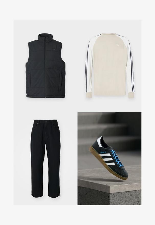 Schwarze Daunenweste mit hohem Kragen, Reißverschluss vorne und Seitentaschen. Mit gestepptem Textil und dezentem Branding auf der Brust.; Beiges Langarmshirt mit weißen Raglanärmeln und marineblauen Streifen an den Seiten. Verfügt über ein kleines weißes Logo auf der Brust.; Schwarze Denim-Jeans mit geradem Schnitt, leichtem Material, fünf Taschen und Knopfverschluss an der Taille.; Schwarzer Adidas-Sneaker mit weißen Streifen, blauen Schnürsenkeln und Gummisohle, der über einer grauen Betontreppe im weichen Licht schwebt.