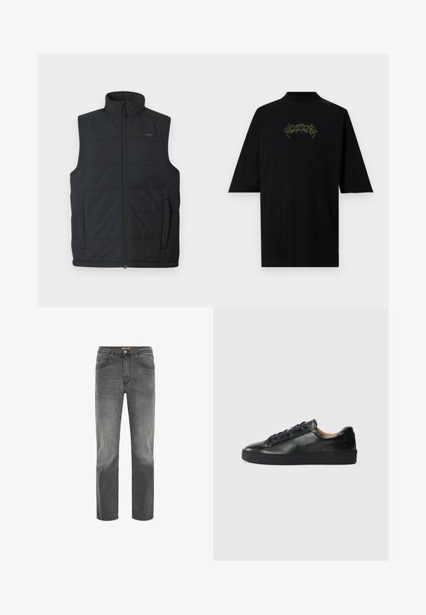 Zwarte gewatteerde vest met hoge kraag, ritssluiting aan de voorkant en zijzakken. Heeft een gestikte textuur en subtiele branding op de borst.; Zwart T-shirt met korte mouwen, een hoge kraag en een kleine, scherp getekende gele afbeelding in het midden van de borst.; Grijze denim jeans met een rechte pasvorm, vijf zakken en een subtiele vervaagde afwerking. Voorzien van een knoop- en ritssluiting.; Zwarte leren sneaker met een gladde textuur, ronde neus en vetersluiting. Heeft een dikke rubberen zool en minimale merkaanpassing.