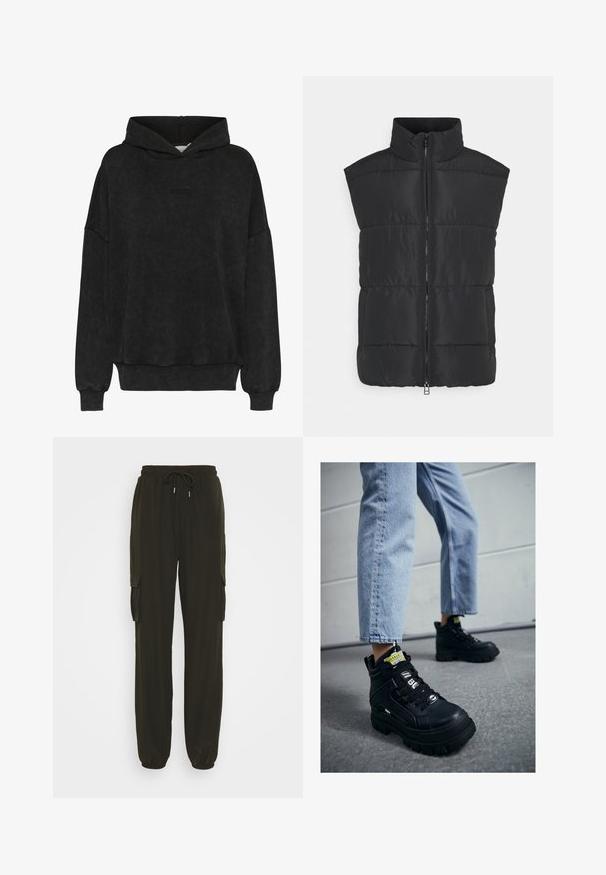 Monki Γιλέκο - black dark; Μαύρη μπλούζα φούτερ από μαλακό ύφασμα, με χαλαρή εφαρμογή, μακριά μανίκια και ribbed στρίφωμα. Περιλαμβάνει ένα μικρό ανάγλυφο λογότυπο μπροστά.; Noisy May Tall NMKIRBY PANTS - Παντελόνι cargo - black; Μαύρα ψηλά αθλητικά παπούτσια με χοντρή σόλα, που διαθέτουν σχέδιο με κορδόνια, λογότυπα και κίτρινες ετικέτες. Φοριούνται με ανοιχτό μπλε cropped τζιν.