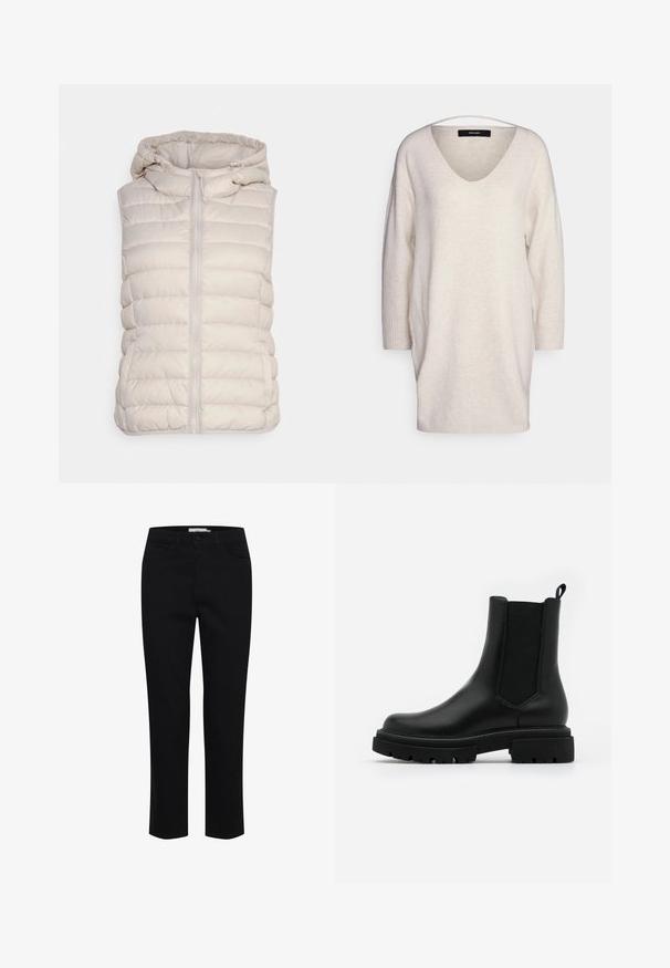 Helles beige gepolstertes Weste mit Kapuze, ausgestattet mit einem Frontreißverschluss und horizontalem Steppmuster. Weicher, glatter Stoff.; Vero Moda Petite VMDOFFY - Strickpullover - birch; Schwarze Baumwollhose mit geradem Schnitt. Verfügt über fünf Taschen und einen vorderen Knopfverschluss. Glatte Textur, minimale Nähdetails.; Schwarze Chelsea-Boots aus Leder haben eine glatte Oberfläche, elastische seitliche Einsätze, eine Zuglasche und eine chunky Gummisohle mit strukturiertem Profil.