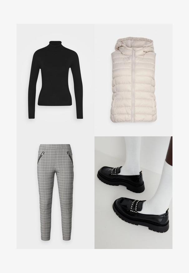 Helebeež padrune vest, millel on kapuuts, esiosa lukuga ja horisontaalselt tikitud disain. Pehme, sile kanga tekstuur.; Mustmustik turtleneck sviiter pika varrukaga, valmistatud siledast kudumisest. Omab kitsast disaini ja soonikkoes kraed.; Hallid pliidist püksid jõulise lõikega, millel on ees lukuga taskud ja sile tekstuur. Mõeldud libeda silueti saavutamiseks.; Mustad musta läikiva pealsetega kingad, millel on paks tald, hõbedaste nukkide ja lainelise detailiga, kantud valgete sokkidega.
