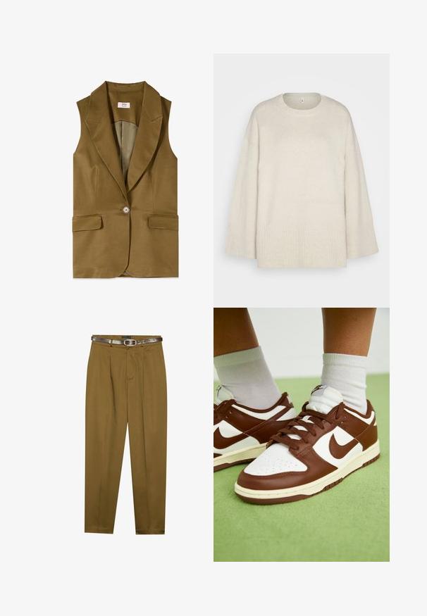 Ærmeløs olivengrøn blazer med hakkede revers, enkelt knaplukning og to forlommer med klap, vist fladt på hvid baggrund.; Lys beige sweater lavet af blød strikket stof, med rund halsudskæring, sænkede skuldre og ribbede detaljer ved kanten og ærmerne.; Brune, skræddersyede bukser med plisseret front og en tætsiddende talje. Mørkebrun læderbælte inkluderet, med en rund spænde.; Brune og hvide lædersneakers med perforeret tå, strukturerede detaljer og flade snørebånd. Modellen har et lavt design og gummisål.