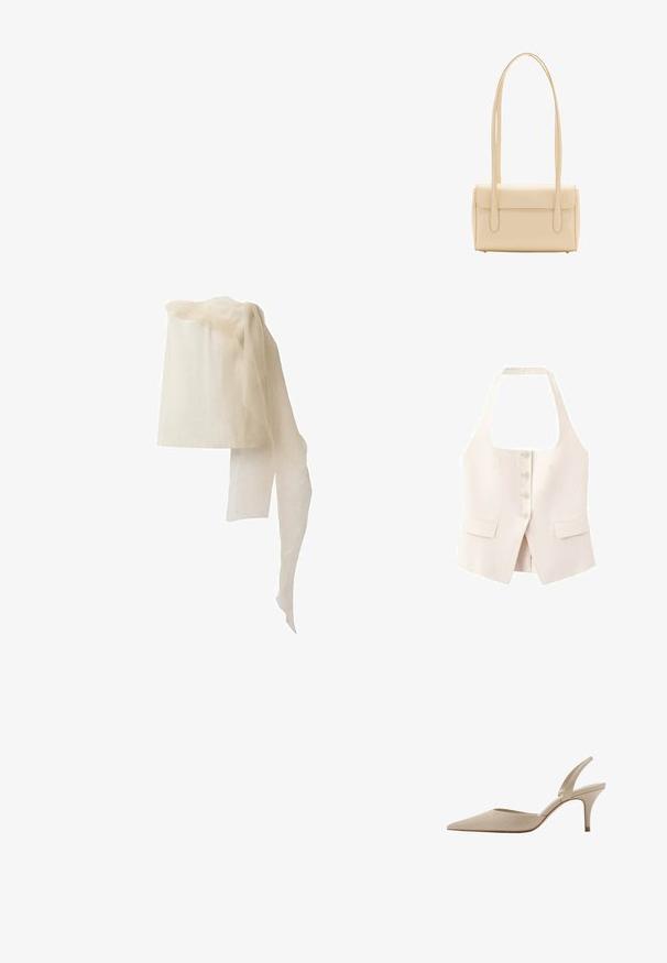 Roomkleurige mouwloze haltervest met vier knopen aan de voorkant en twee klepzakken, getailleerde pasvorm, vierkante halslijn.; Linnen hoofddeksel in off-white, cilindrische vorm met een doorschijnende, vloeiende sjaal die over de bovenkant valt, met een zachte, transparante textuur.; Beige slingback hoge hak schoen met spitse neus en middenhoge naaldhak, met een subtiel gestructureerd patroon op het bovenwerk.; Beige rechthoekige schoudertas met lange dubbele banden en klepsluiting, afgebeeld tegen een witte achtergrond.
