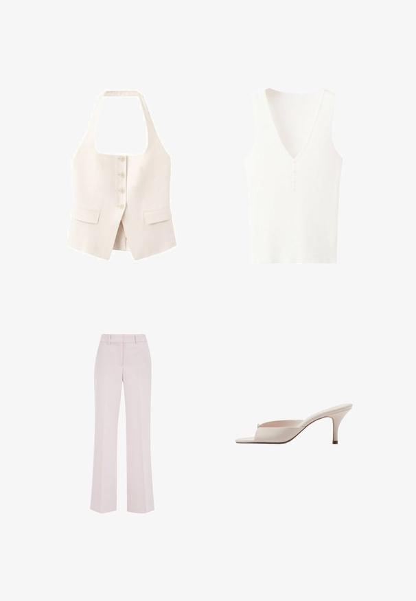 Veste sans manches couleur crème avec col licou, quatre boutons sur le devant et deux poches à rabat, coupe ajustée, encolure carrée.; Haut blanc sans manches en tricot côtelé avec col en V et trois petits boutons au centre devant.; Pantalon rose pâle à jambes droites avec passants de ceinture et détails de couture avant, présenté sur un fond blanc.; Mule beige à bout ouvert à talon haut étroit avec une bride minimale sur les orteils sur fond blanc.