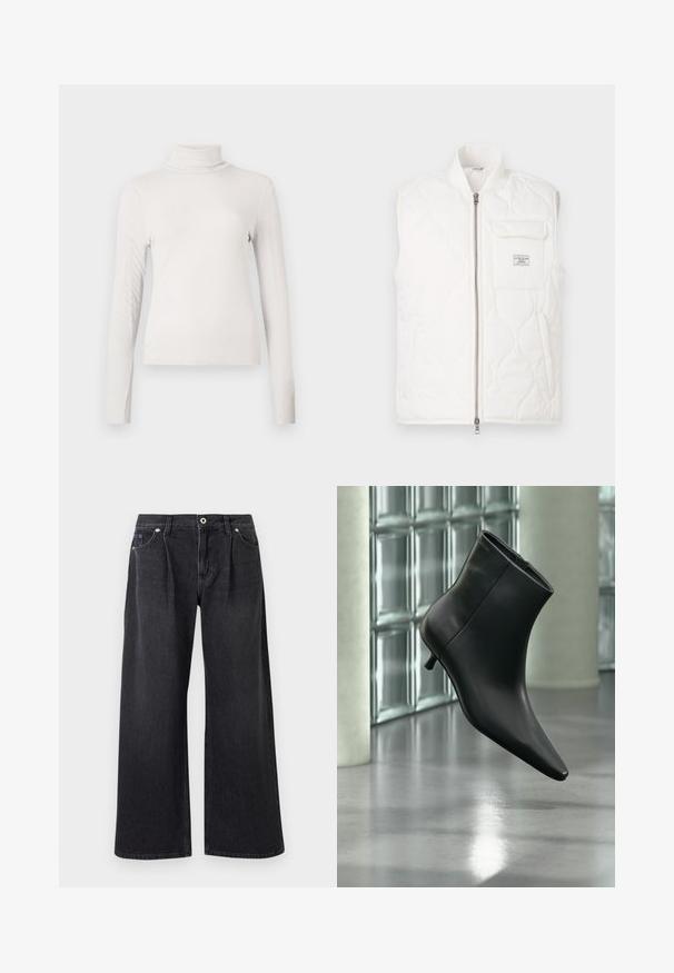 Gilet matelassé blanc avec un col montant, une fermeture éclair à l'avant et une poche sur la poitrine. Le tissu texturé et le motif subtil créent un design léger.; Haut à col roulé à manches longues côtelé de couleur crème avec une silhouette ajustée sur un fond blanc uni.; Jean noir à jambe large en denim, avec une fermeture à bouton sur le devant, deux poches avant et une finition épurée sans embellissements.; Bottine en cuir noir à bout pointu et petit talon kitten, présentée en angle devant un sol poli et un mur en blocs de verre.