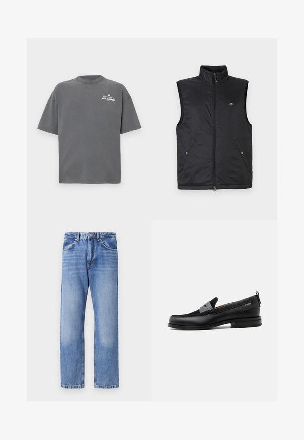 Schwarze ärmellose Weste aus gesteppstem, leichtem Material. Verfügt über einen hohen Kragen, durchgehenden Reißverschluss und zwei Fronttaschen mit Druckknopfverschluss.; Dunkelgraues T-Shirt mit kurzen Ärmeln und Rundhalsausschnitt mit kleinem weißen "ALLSAINTS"-Logo auf der oberen linken Brust.; Hellblaue Jeans aus Denim mit geradem Bein, fünf Taschen, Kontrastnähten und einem leicht verwaschenen Finish. Knopf- und Reißverschluss.; Schwarzer Lederloafer mit grauem Riemendetail, niedrigem Absatz und strukturierter Sohle, seitlich mit „HUGO“ in Gold gebrandmarkt.