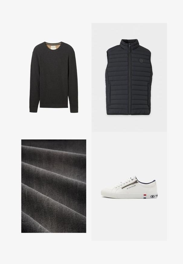 Sort quiltet ærmeløs vest med fuld lynlås foran, opretstående krave, sidelommer og et lille rundt logo på venstre bryst.; Sort ribbestrikket sweater med rund hals og lange ærmer. Teksturstof og et mærke synligt ved halsudskæringen.; Mørkegrå stof med en blød tekstur, præsenteret i folder. Væven er tætslået, hvilket viser en glat, ensartet overflade.; Hvid sneaker med overdel i læder, rund tå og kontrasterende marineblå detaljer ved kraven. Har en lynlåslukning og logoakcenter på siderne.
