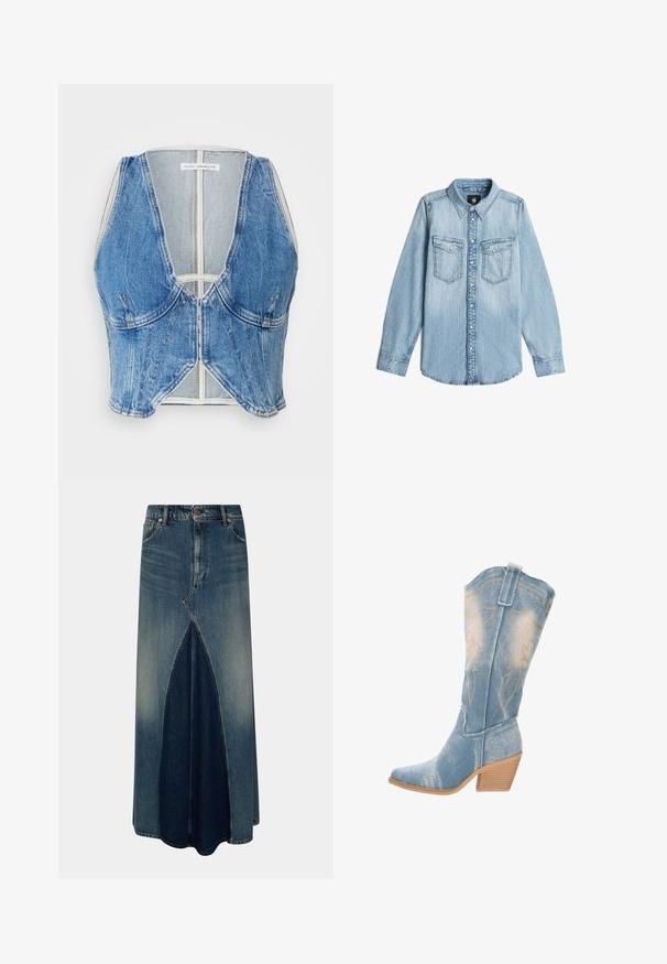 Good American VEST - Bodywarmer - dark blue; Lichtblauwe denim overhemd met lange mouwen, kraag, knoopsluiting aan de voorkant en twee borstzakken met knoopflappen.; Blauwe denim maxi-rok met een voor-invertpleat, riemlussen, knoop- en ritssluiting, en vervaagde wasdetails.; Leren cowboylaarzen in lichtblauw met een spitse neus, textuur op de bovenkant en decoratieve gouden stiksels. Licht gebogen houten hak.