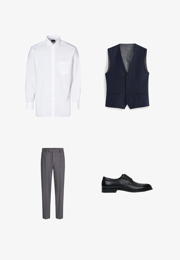 Marine vest met een V-hals ontwerp, voorzien van zes knopen, twee voorkanten zakken en een gladde binnenvoering. Slank gesneden, zonder mouwen.; Witte overhemdd met lange mouwen, knoopsluiting aan de voorkant, één borstzak, klassieke kraag en een gladde textuur.; Grijze, op maat gemaakte pantalon met riemlussen, vouw aan de voorkant en rechte pijpen, weergegeven op een witte achtergrond, geen zichtbare persoon of accessoires.; Zwarte leren herenschoen met lage hak, veters aan de voorkant, ronde neus en een gladde, gepolijste afwerking, getoond in zijaanzicht.