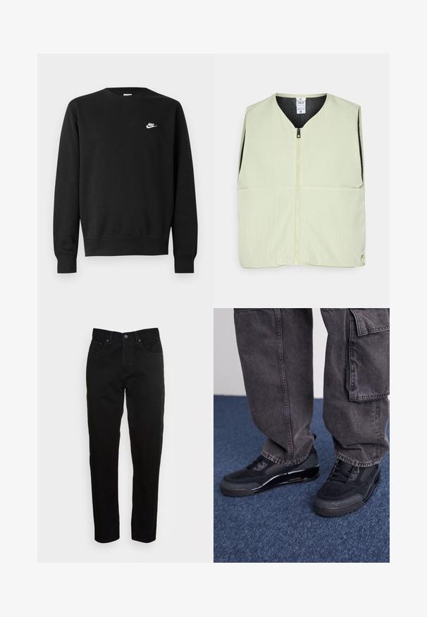 Lichtgroene mouwloze vest met een ritsluiting, v-halsontwerp, twee voorzakken en zwart interieur. Soepele textuur, lichtgewicht materiaal.; Zwarte sweater van katoen, met een ronde hals, lange mouwen en een klein wit Nike-logo aan de bovenkant van de linkerborst.; Zwarte slim-fit jeans met een knoopsluiting aan de voorkant en een vijf-pocket ontwerp, weergegeven tegen een effen lichtgrijze achtergrond.; Zwarte sportieve schoenen met een gestructureerd oppervlak, gladde accenten en een chunky zool, gecombineerd met donkere, loszittende cargo pants.