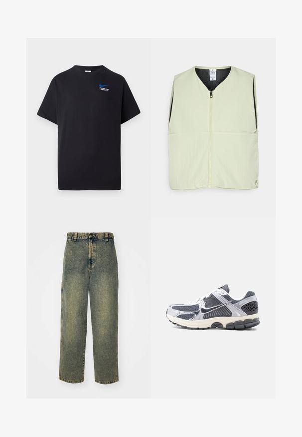 Hellgrüner ärmelloser Weste mit Reißverschluss, V-Ausschnitt, zwei Fronttaschen und schwarzem Innenfutter. Glatte Textur, leichtes Material.; Schwarzes T-Shirt mit kurzen Ärmeln, kleinem blauen Nike-Swoosh und dem weißen Text "ATHLETIC DEPT JUST DO IT." auf der linken oberen Brust.; Baggy-Jeans aus Denim in einer verblassten Blauen und Grünen Waschung. Mit Knopfverschluss, Gürtelschlaufen und Seitentaschen. Flaches Vorderteil und gerades Bein-Design.; Grauer und weißer Herren-Sportschuh mit Mesh-Einsätzen, reflektierenden silbernen Überzügen, weißen Schnürsenkeln und schwarzer, strukturierter Sohle, Seitenansicht.