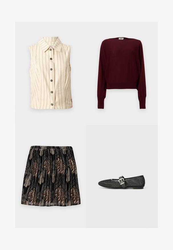 Beige ærmeløs vest med sorte lodrette striber, seks dekorative knapper foran og en klassisk krave.; Bourgognefarvet langærmet sweater lavet af blødt materiale, med bred hals, ribstrikkede manchetter og en kortet kant. Sømløs design, ensfarvet tekstur.; Sort nederdel med en samlet talje, prydet med et brunt og beige abstrakt mønster, akkompagneret af metalliske linjer og teksturer.; Sorte balletflade sko i mesh med spids tå, flad hæl og spænde over anklen; tekstureret overflade med et vævet mønster.