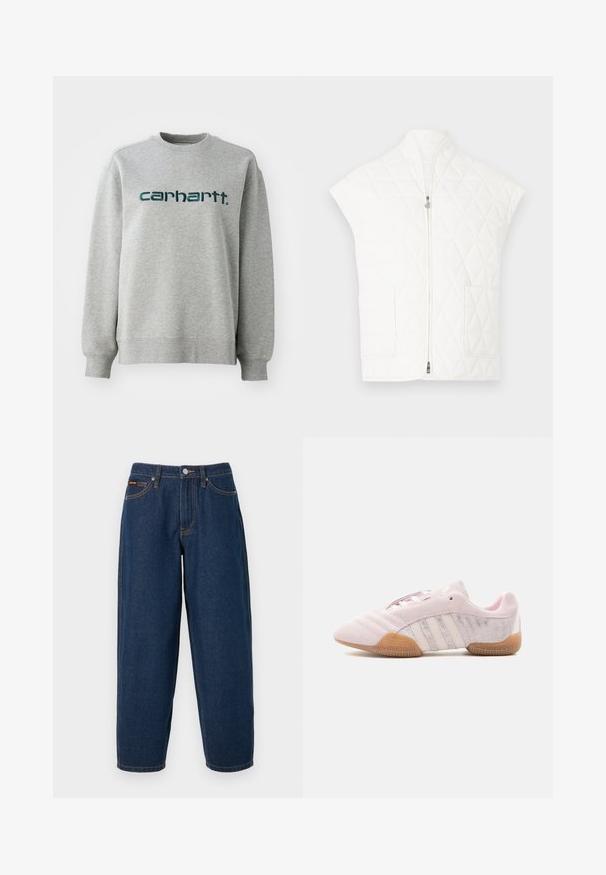 Veste matelassée blanche avec col montant, manches courtes et fermeture éclair à l'avant. Dotée de deux poches plaquées. Texture lisse avec motif en losanges.; Sweatshirt gris en mélange de coton, avec un col rond et des poignets côtelés. Logo affiché en vert foncé sur la poitrine.; Jean denim bleu foncé coupe droite avec cinq poches, fermeture par bouton, et couture orange sur un fond uni.; Baskets en daim rose clair avec des bandes blanches, semelle en gomme et panneaux latéraux texturés, présentées de l'intérieur sur fond blanc.