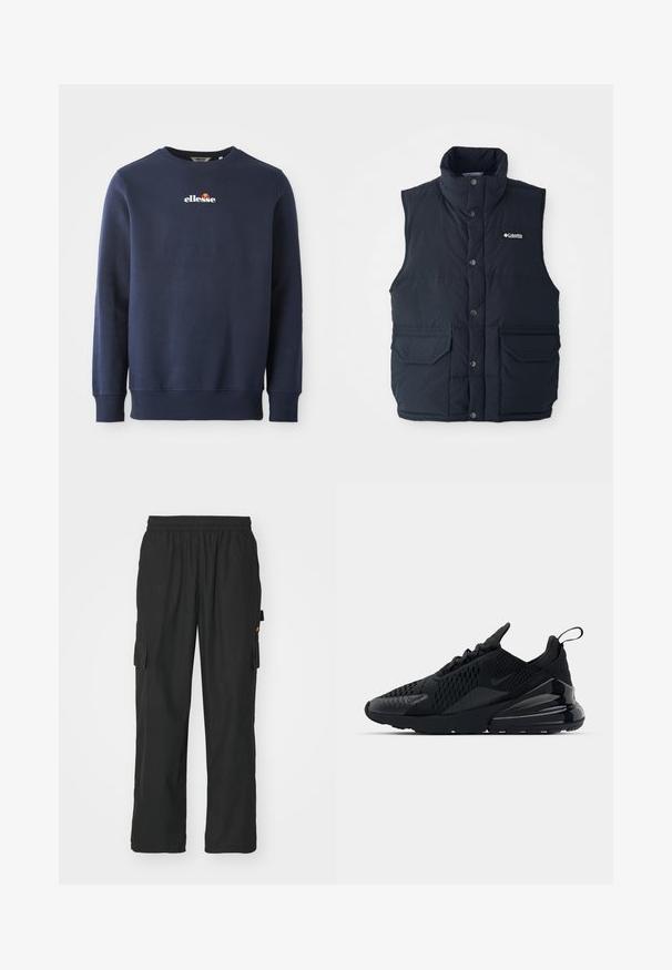 Doudoune sans manches bleu marine avec un col haut, des boutons-pression et deux poches avant. Présente une texture matelassée et un logo sur la poitrine.; Sweatshirt bleu marine fabriqué en tissu doux, avec un col rond et des poignets côtelés. Logo "ellesse" brodé avec des accentuations colorées.; Pantalons cargo noirs en tissu léger, dotés de deux poches latérales, d'une taille élastique et d'une coupe décontractée.; Baskets Nike Air Max 270 noires avec une tige texturée, des panneaux en mesh et un talon brillant comprenant une unité de coussin d'air bien visible.