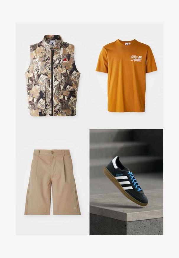 Camouflage-mønsteret ærmeløs vest i jordfarver som brun, beige og sort. Har en frontlynlås og flere cargo-lommer. Rød logo-detalje.; Brun bomulds t-shirt med rund hals, korte ærmer, med hvid grafisk tekst og bladdesign på forsiden.; Beige bomulds shorts med lige snit, frontfald og en enkelt knaplukning. Har et diskret logo på den nederste venstre side.; Sort Adidas sneaker med hvide striber, blå snørebånd og gummisål, der svæver over gråt betontrin i blødt lys.