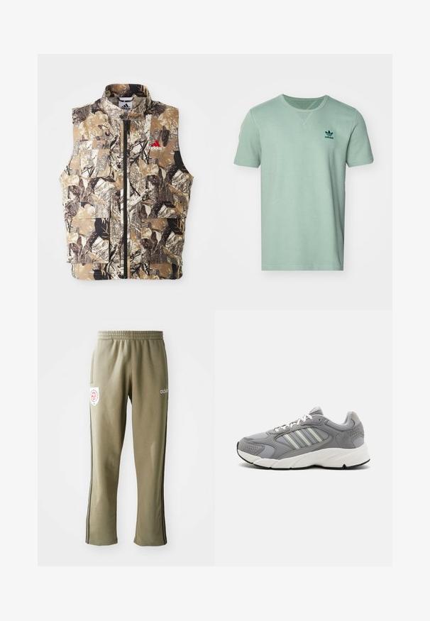 Ärmellose Weste mit Camouflage-Muster in erdigen Tönen von Braun, Beige und Schwarz. Verfügt über einen Frontreißverschluss und mehrere Cargo-Taschen. Rotes Logodetail.; Kurzarm-Mintgrünes T-Shirt mit strukturiertem Muster, Rundhalsausschnitt und dunkelgrünem adidas-Logo auf der linken Brust.; Olivgrüne Jogginghosen mit einem elastischen Bund, Seitentaschen, schwarzen seitlichen Streifen und einem Logo-Patch am Oberschenkel.; Grauer Sportschuh aus Mesh- und Wildledermaterialien, mit weißen Schnürsenkeln, einem gepolsterten Kragen und einer robusten weißen Zwischensohle mit strukturierten Akzenten.