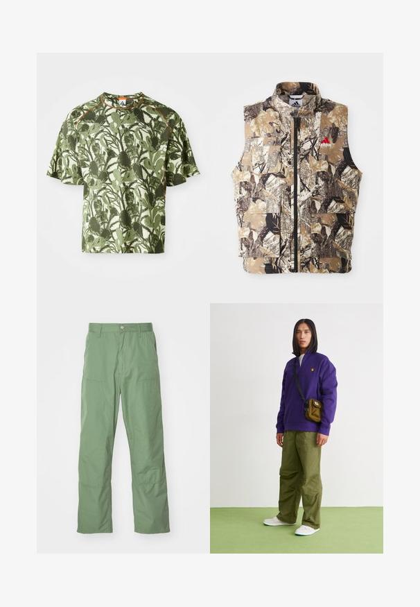 Camouflage-mønsteret ærmeløs vest i jordfarver som brun, beige og sort. Har en frontlynlås og flere cargo-lommer. Rød logo-detalje.; Grøn kortærmet t-shirt med et struktureret bladmønster, der har en orange detalje ved kraven og en afslappet pasform. Lavet af åndbart materiale.; Lysgrønne, afslappede bukser med en glat tekstur, der har sidelommer og synlige syninger. Hel længde med et lige ben-design.; Jordan AIR JORDAN 1 ZM CMFT 2 - Sneakers high - summit white/bicoastal/oxidized green