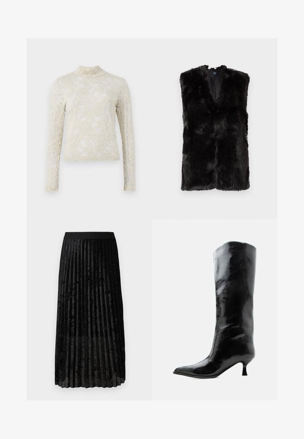 Sort ærmeløs faux fur vest med V-hals og glat indre for, præsenteret mod en hvid baggrund.; Cremefarvet blonde top med høj hals, lange ærmer og blomsterdesign, med en tætsiddende silhuet og struktureret overflade.; Sort plisseret nederdel lavet af sammet, med en struktureret overflade og glitrende dekorationer jævnt fordelt over stoffet.; Sort skinnende knæhøj læderstøvle med spids tå og lav buet hæl på en ensfarvet lys baggrund.