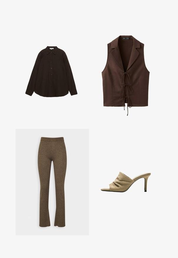 Gilet marron sans manches avec col à revers et trois fermetures à nouer à l'avant, en tissu texturé.; Chemise à manches longues marron foncé avec boutons et col, étalée à plat sur un fond blanc.; Stylein PEARLY TROUSERS - Pantalon classique - bronze/gold; Mule beige en daim à enfiler avec empeigne froncée, bout ouvert et talon haut et fin, présentée de profil sur fond blanc.