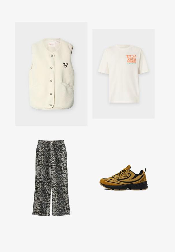 Witte fleecevest met een ronde halslijn, metalen knopen en een klein hartvormig patch met luipaardprint aan de linkerkant. Voorzien van zijzakken.; Witte T-shirt met korte mouwen met oranje en groenblauwe tekst "Air Jordan World Tour" en zes groenblauwe sterren op de bovenste linkerborst.; Leopardprint wijde broek van zachte stof, met een hoge taille, vijf zakken en metalen knoopsluiting.; Fila sneakers in bruin suède met zwarte accenten, voorzien van een dikke rubberen zool, textuurpatronen en gele veters. Sportief ontwerp.