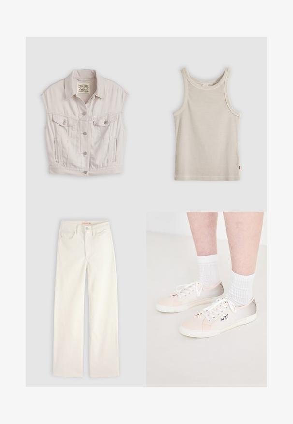 Skrajený denimový vest v odtieňoch off-white, s klasickým golierom, prednými vreckami s chlopňami a striebornými gombíkmi. Hladká textúra.; Bezový rebrovaný tielkový top bez rukávov s okrúhlym výstrihom a priliehavým strihom, zobrazený na sivom pozadí.; Rovno strihané krémové rifle s prednými vreckami, pútkami na opasok a zatváraním na gombík na jednofarebnom pozadí.; Svetlé kanvasové tenisky s bielymi šnúrkami, s ružovými a béžovými akcentmi, bielou gumovou podrážkou a logom na boku.
