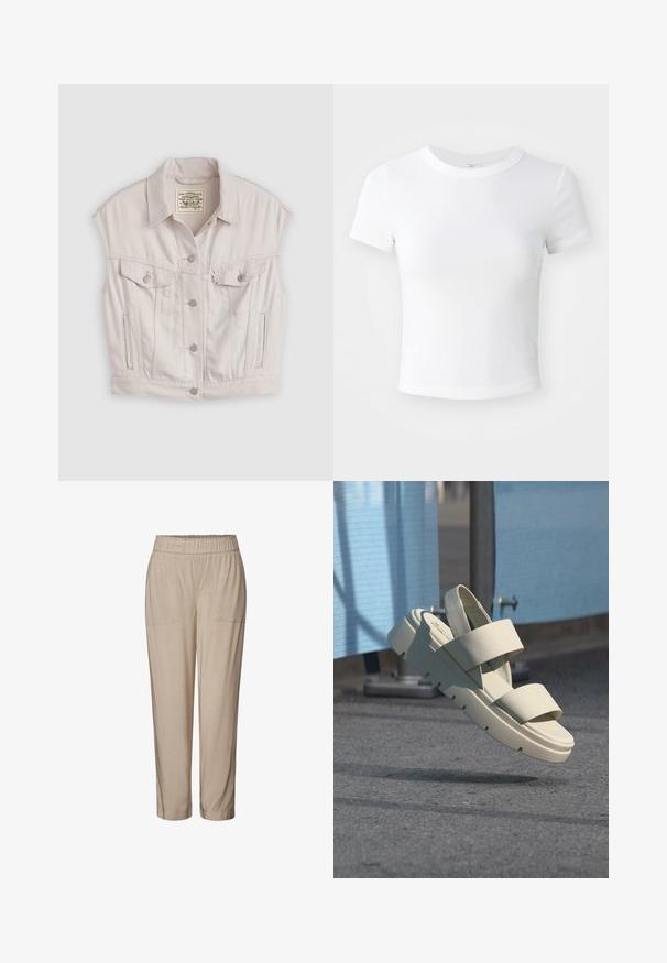 Chaleco de jean recortado en blanco roto, con un cuello clásico, bolsillos frontales con solapa y botones en tono plateado. Textura suave.; Camiseta corta de manga corta blanca, con cuello redondo, exhibida sobre un fondo neutral claro.; Pantalones beige con cintura elástica, dos bolsillos frontales, diseño de pierna entallada y textura suave. Adecuados para un uso casual o relajado.; Sandalia de plataforma color blanco hueso con dos tiras anchas y una tira trasera, suspendida sobre una superficie de asfalto con una barrera azul en el fondo.