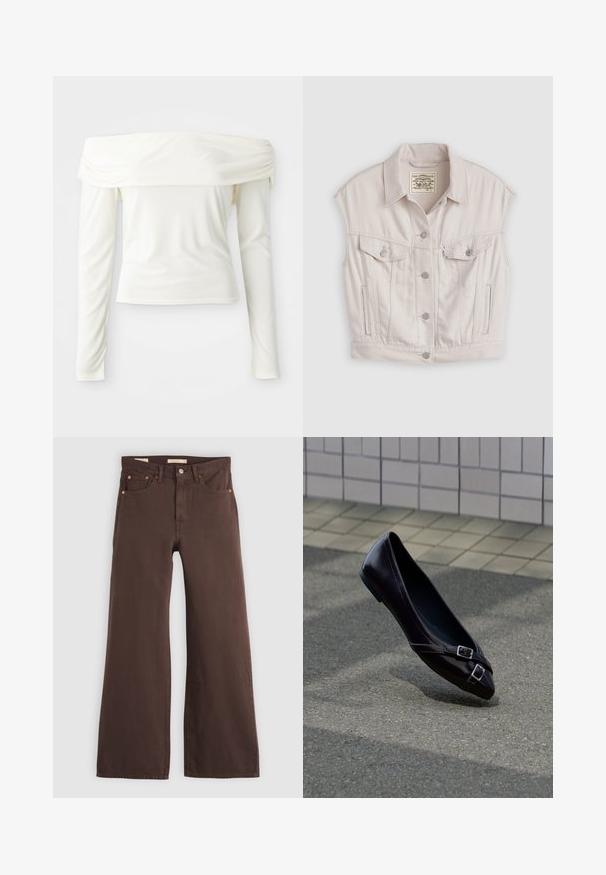 Lyhyttyylinen farkkivesti off-white-värissä, jossa on klassinen kaulus, etutaskut läpillä ja hopeanväriset napit. Sileä pinta.; Pitkähihaine off-the-shoulder paita kreemivalkoisena, valmistettu sileästä kankaasta, jossa on istuva siluetti ja poimuttaminen kaula-aukossa.; Ruskeat leveälahkeiset farkut korkealla vyötäröllä, viidellä taskulla ja nappikiinnityksellä, aseteltu tasaisesti vaalealle taustalle.; Musta kärjellään oleva balettitossu, jossa on kaksi pientä hopeista solkea, leijuu asfalttipinnan yläpuolella lähellä laatoitettua seinää.