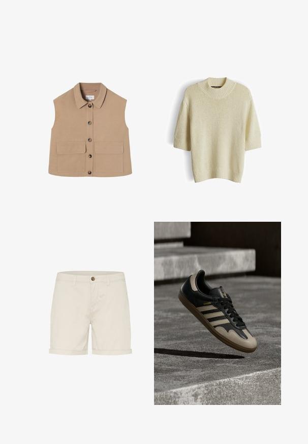 Beige ärmellose Weste mit klassischem Kragen, durchgehender Knopfleiste vorne und zwei großen aufgesetzten Taschen. Hergestellt aus glattem Stoff mit dezenter Textur.; Cremefarbener, kurzärmeliger, grob gestrickter Pullover mit geripptem, hohem Kragen, Bündchen und Saum, dargestellt vor einem weißen Hintergrund.; Helle beige Baumwollshorts mit Knopfverschluss, umgeschlagenen Säumen und Seitentaschen. Glatte Textur und maßgeschneiderte Passform für Komfort.; Schwarzer und beiger Ledersneaker mit drei weißen Streifen, tannengrüner Gummisohle und goldener "Samba"-Detailierung an der Seite.