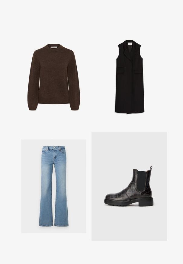 Sort ærmeløs lang vest med spids krave, frontknapper og to sidelommer, lavet af et glat stof. Minimalistiske designdetaljer.; Brun strikket sweater med rund halsudskæring, lange ærmer og en blød tekstur, der har et enkelt design uden mønstre eller udsmykninger.; Lyseblå denimjeans med høj talje, knap- og lynlåslukning, lommer foran og bagpå samt udvidede bukseben.; Brune læder Chelsea støvler med krokodilletekstur, elastiske sidelapper, rund tå, robust sort sål og branding på hælen.
