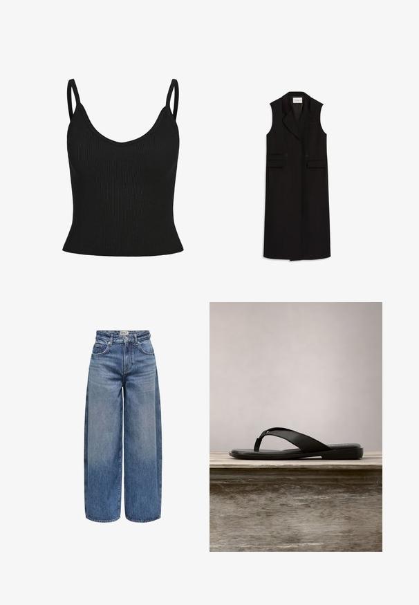 Sort ærmeløs lang vest med spids krave, frontknapper og to sidelommer, lavet af et glat stof. Minimalistiske designdetaljer.; Sort ribbet tanktop med tynde stropper, V-hals, tætsiddende form og tekstureret stof. Ingen yderligere mønstre eller detaljer synlige.; Bredde denimjeans i mellemblå, med høj talje, synlige sømme, fem lommer og en knaplukning foran.; Sort klipklap med flad sål og tynde stropper. Fremstillet af glat gummi, der fremviser et minimalistisk design. Enkel branding på indersålen.