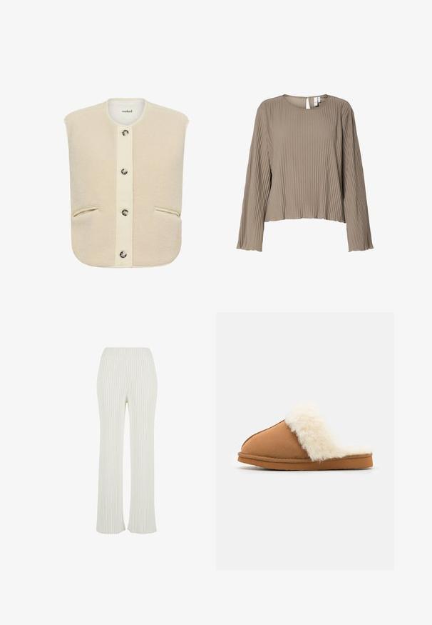 Chaleco de forro polar crema con dobladillo redondeado, cierre de botones en la parte delantera, dos bolsillos laterales y costuras visibles. Textura suave, diseño minimalista.; Blusa de manga larga de color marrón claro con un diseño plisado, escote redondo y cierre de ojal en la parte posterior. Tejido suave y texturizado.; Pantalones de punto acanalado de color crema con un diseño acampanado. Cuenta con una amplia cinturilla elástica y rayas verticales para mayor textura.; Pantuflas de ante marrón con un puño de piel sintética blanca, diseño de punta cerrada, suela plana y detalle de costura visible a lo largo de los bordes.