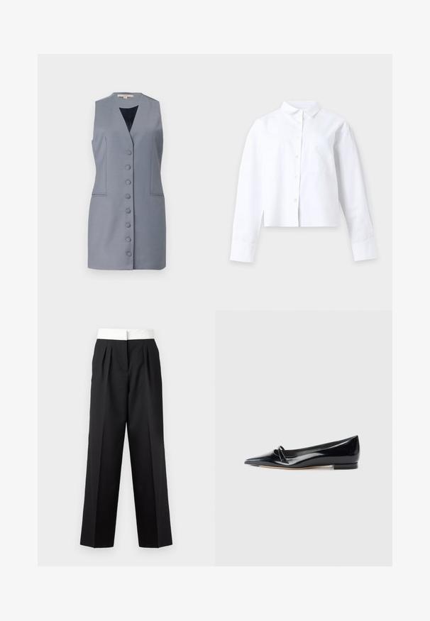 Ärmelloses graues Kleid mit V-Ausschnitt, Knopfleiste vorne, seitlichen Taschen und taillierter Passform. Hergestellt aus glattem Stoff mit subtiler Textur.; Weißes langärmeliges Hemd mit Kragen und Brusttasche, flach auf einem einfarbigen hellen Hintergrund ausgelegt.; Schwarz gefaltete Hose mit breitem weißen Bund, gerader Schnitt und eleganter Textur für einen strukturierten Look.; Schwarze Lackleder-Ballerina mit spitzem Zehenbereich, kleinem dekorativen Riemen und niedrigem Blockabsatz. Glatte Textur und elegantes Design.