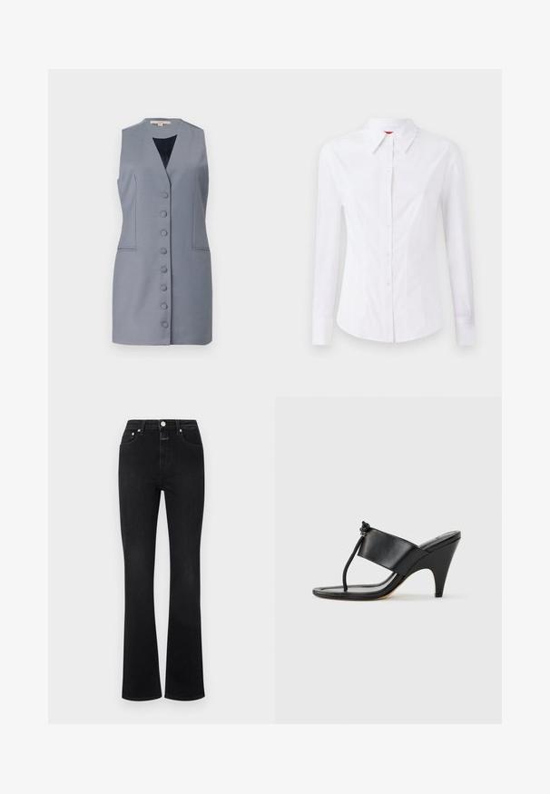 Mouwloze grijze jurk met een V-hals, voorzien van een knoopsluiting aan de voorkant, zijzakken en een getailleerde pasvorm. Gemaakt van soepel stof met een subtiele textuur.; Witte blouse met lange mouwen en een puntige kraag, met een knoopsluiting aan de voorkant en een getailleerd ontwerp. Gladde katoenstof met subtiele stikdetails.; Zwarte flared jeans van denim, met een hoge taille, vijf zakken, goudkleurige hardware en een gladde textuur.; Zwarte sandaal met hoge hak, voorzien van een brede voorband en een teenlus met een knoopdetail van koord, vanuit zijaanzicht getoond op een witte achtergrond.