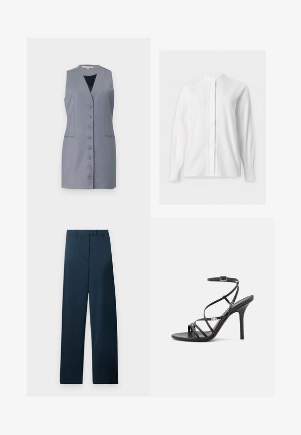 Vestido gris sin mangas con escote en V, que cuenta con un botón en el frente, bolsillos laterales y un ajuste entallado. Fabricado con una tela suave con una textura sutil.; Blusa blanca de manga larga con cuello mandarín y tapeta de botones oculta, mostrada sobre un fondo blanco liso.; Pantalones de pierna ancha en azul marino con una textura suave, frente plano y trabillas para cinturón. Presentan un diseño minimalista y sin patrones o acentos visibles.; Sándalo negro de tacón alto con tiras finas, hebilla en el tobillo, superficie de cuero suave y tacón de aguja esbelto.