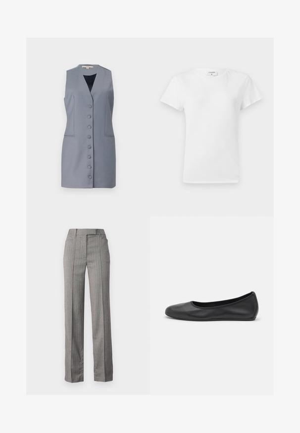 Ärmelloses graues Kleid mit V-Ausschnitt, Knopfleiste vorne, seitlichen Taschen und taillierter Passform. Hergestellt aus glattem Stoff mit subtiler Textur.; Weißes Baumwoll-T-Shirt mit Rundhalsausschnitt und kurzen Ärmeln, das einen lockeren Sitz und ein minimalistisches Design aufweist. Etikett am Hals sichtbar.; Grau gestreifte Hose mit gerader Beinform, ausgestattet mit subtilen roten und blauen Streifen, aus einem strukturierten Stoff hergestellt.; Schwarze Leder-Ballettschuhe mit abgerundeter Spitze, glatter Textur, minimalen Nähdetails und einem flexiblen Sohlen-Design.