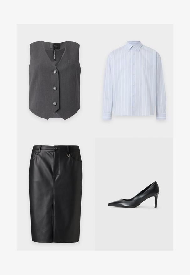 Chaleco gris sin mangas con escote en V, cinco botones plateados, diseño de hombros estructurados y un bolsillo en el pecho. La tela tiene una textura sutil.; Camisa de manga larga azul claro con botones, con sutiles rayas blancas verticales y cuello puntiagudo sobre un fondo liso.; Falda lápiz negra de cuero con una textura suave, abertura frontal, bolsillos laterales y un cierre de botón en la cintura. Diseño minimalista.; Zapato de tacón negro de cuero con punta afilada y un tacón delgado, textura suave y sin adornos visibles. Diseño limpio con una estética minimalista.